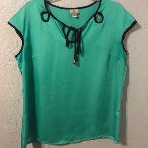 Aqua satin shirt with black trim and bow